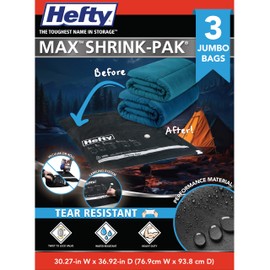 Hefty MAX Shrink-Pak Vacuum Storage Bags – Max Strength Tear-Proof Bags For Clothes, Pillows, Towels, Blankets & More – Space Saver Suction Sealer for Home – 3 Jumbo, 30 x 36 Inches