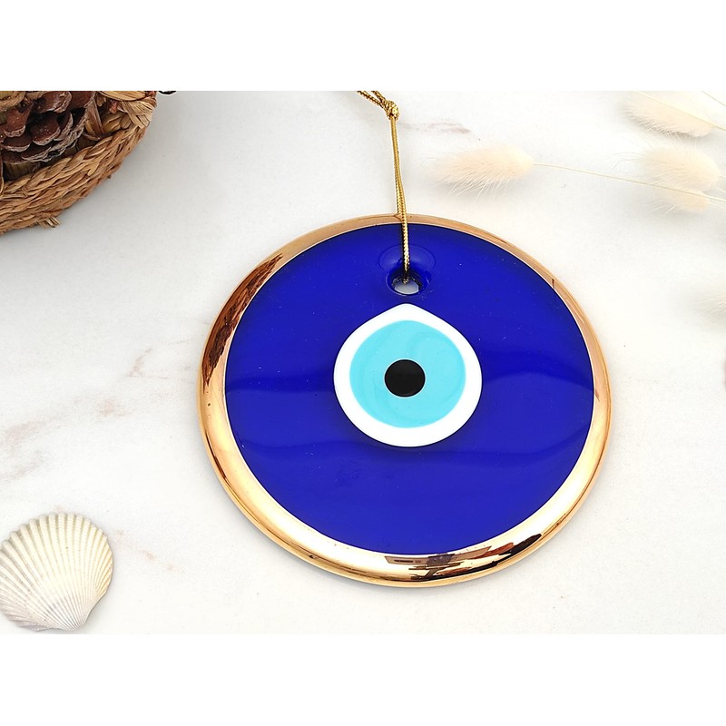 Erbulus 5.3" Glass Blue Evil Eye Wall Hanging Gold Ornament