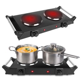 Moclever Portable Electric Stove – Double Burner Hot Plate with 5 Temperature Settings, 2000W Countertop Cooktop for RV, Home, & Camping, Compatible with All Cookware, Stay-Cool Handles(Black)