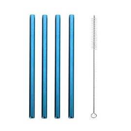 Reusable Boba Metal Straws, 4pcs 8.5" Long 0.5" Extra Wide Stainless Steel Drinking Straws with Cleaning Brush for Bubble Tea/Tapioca Pearl, Milkshakes, Smoothies (Blue Color)