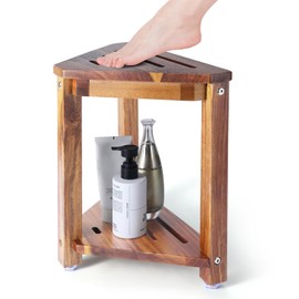 Shower Foot Rest 13.5in, Acacia Wood Shower Stool for Shaving Legs, Small Foot Stool with Storage Shelf, for Inside Small Shower Spaces