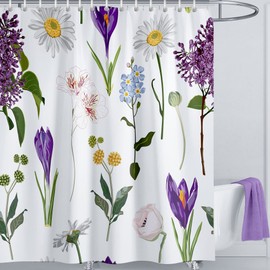 LIVETTY Floral Shower Curtain 180 x 180 cm Plants Bathroom Curtain Waterproof Polyester Fabric Bath Curtain with 12 Hooks Purple Boho Shower Curtains