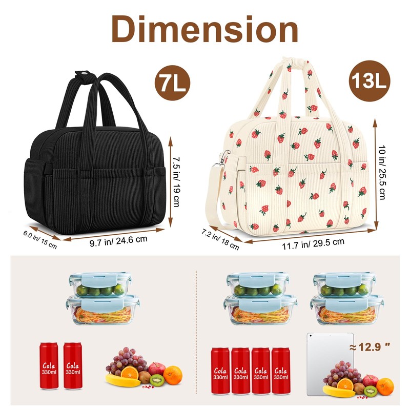 KUBYA Corduroy Lunch Box Lunch Bag for Women Men, Cute