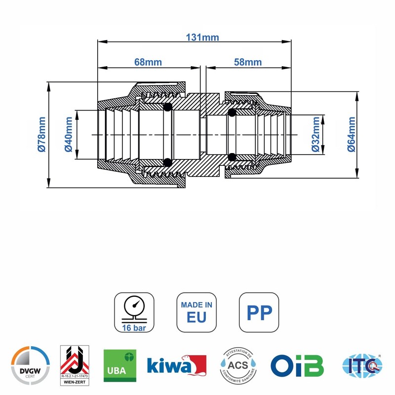 SmartProduct PP Coupling Reduced MDPE 40 mm to 32 mm