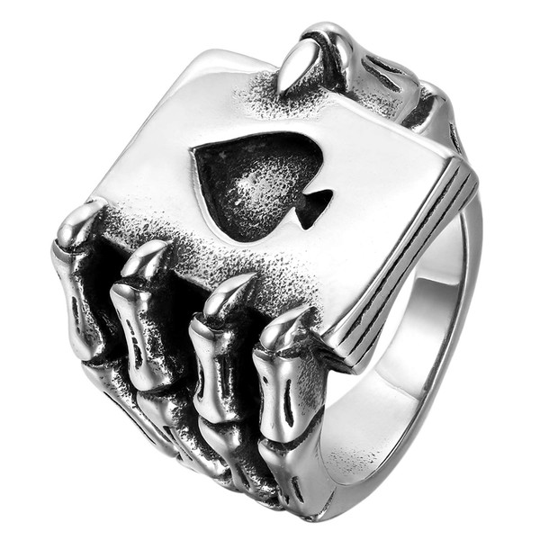 Oidea Men's Stainless Steel Ring, Gothic Ghost Hand Skull Poker