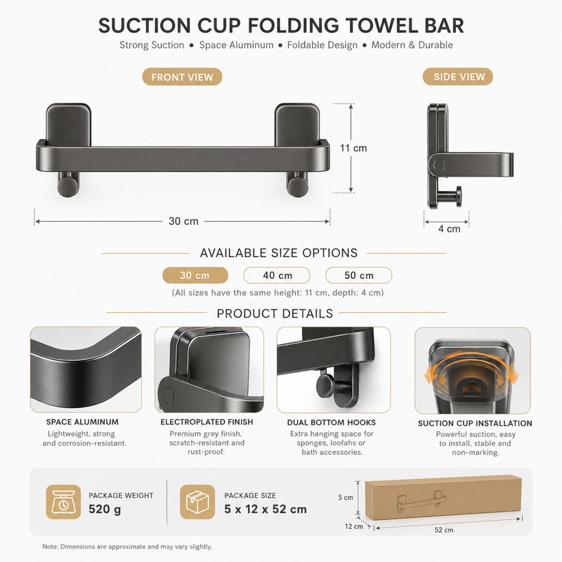 No-Drill Suction Cup Towel Bar for Bathrooms – Folding Aluminum