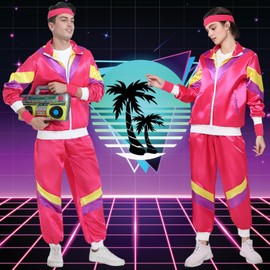 FOVER FR014XXXL 80s Outfit Men Women 80s 90s Costume Tracksuit Pop Art Retro Style Accessory Set with 80s Inflatable Radio Sunglasses Necklace Sweatband Theme Party Pink