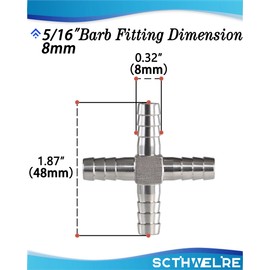 Sctihwelire 304 Stainless Steel Hose Barb 4 way Fittings 5/16 Inch (8mm) Barbed Fitting Hose Barb Reducer Splicer Mender Union Air/Water line/Fuel Hose with Stainless Steel Hose Clamp