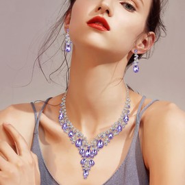 Clearine Wedding Jewellery Set Drop Rhinestone Cluster Statement Necklace and Earrings Set Costume Jewellery for Women Clear Silver Tone, Crystal, Rhinestone