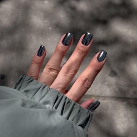 Black Chrome Square Press on Nails Short,KQueenest Mirror Metal False Acrylic Nails Press Ons,Metallic Fake Nails for Girls,Natural Glue on Nails Short,Stick on Nails for Women in 24 PCS