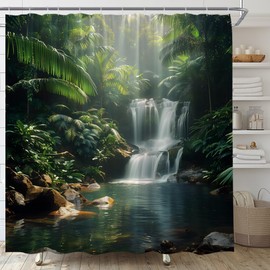 AYDSMYD Rainforest Waterfall Shower Curtain Tropical Jungle Forest Tree Summer Scenery Nature Landscape Home Fabric Bathroom Decor Set Include Hooks,70" WX70 H