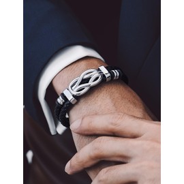 Bandmax Ich Liebe Dich Leather Bracelet Men's Stainless Steel Bracelet Men's Wrap Bracelet with Card Infinity Knot Bracelet for Birthday Christmas Fashion Jewellery Accessory, Stainless Steel