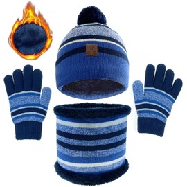 JFAN 3 Piece Knitted Hat Scarf Gloves Set for Children Winter Thick Fleece Thermal Hat Toddler Stripes Multicoloured Cap, blue striped