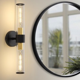 Vaziden Black and Gold Wall Sconce, Bathroom Light Fixtures in Clear Glass Indoor Wall Sconces, Modern Sconce Wall Lighting Up and Down Vanity Lights Fixtures for Bathroom,Living Room,Hallway, Kitchen