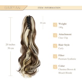 Gairyan 20inch Ponytail Extension Clip in Ponytail Hair Extensions Curly Wavy Pony Tails Claw on Ponytail Long Wave Synthetic Hairpieces for Women Soft Real Look (Chestnut Brown & Bleach Blonde)