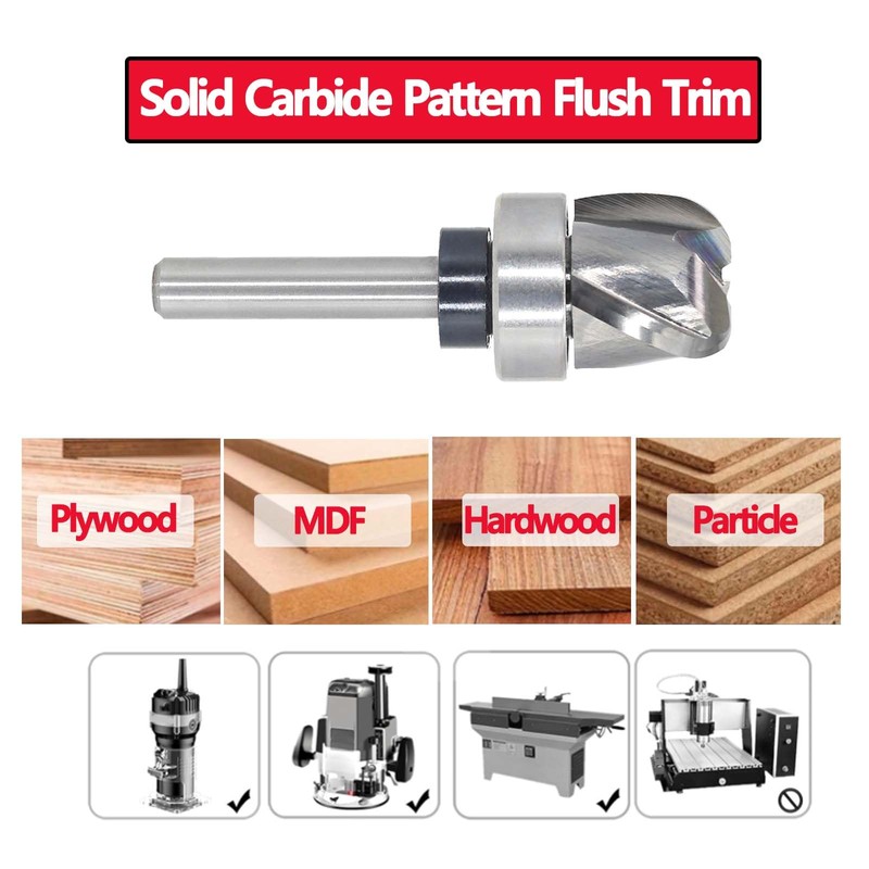 Pattern Flush Trim Router Bit 1/4 Shank, 3-Flute, 1/4" Radius,