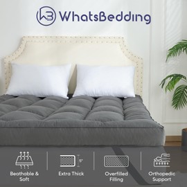 WhatsBedding 5 Inch Mattress Topper Queen Size, 4 Layer Goose Feather Bed Topper, Filled with Shredded Foam, 100% Cotton Mattress Pad Cover, CertiPUR-US Certified, Grey, 60x80