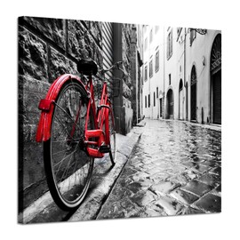 ARTISTIC PATH Cityscape Artwork Wall Decor: Bicycle Photographic Prints- Retro Vintage Red Bike in Black and White on Wrapped Canvas for Home Decoration (24" W x 18" H,Multi-Sized)