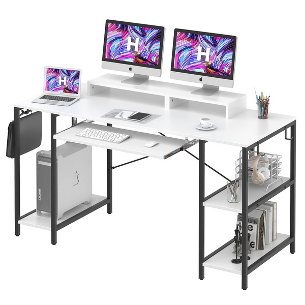 White Desk with Keyboard Tray and Storage Shelves, Modern Computer Desks for Home Office, Study Desk with Monitor Shelf, Industrial PC Studio Desk with Iron Hooks, Easy to Assemble, 55 INCH