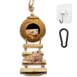 Favozio Leopard & Crested Gecko Coconut Cave Reptile Hide with Ladder, Snake Natural Coco Shell Hut Hideout, Terrarium Tank Decor Accessories, Hamster Climbing Toy, with Sticky Wall & Carabiner Hook