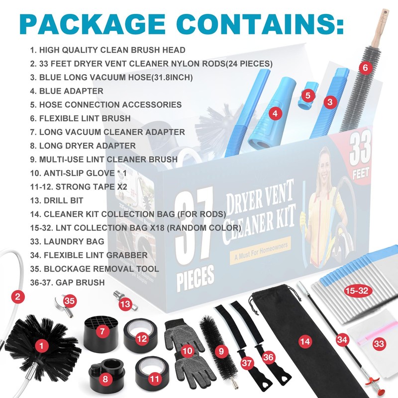 Sealegend 37-Piece 33-Feet Dryer Vent Cleaner Kit, Dryer Cleaning Tools,