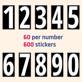600 Pieces, 1" - Vinyl Number Stickers, Waterproof Stick On Numbers - White Numbers