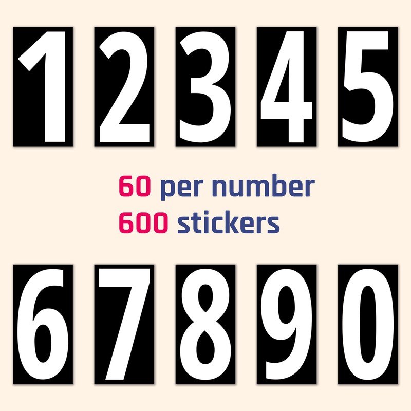 600 Pieces, 1" - Vinyl Number Stickers, Waterproof Stick On