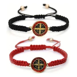 FUEZOIU 2pz Pulsera Tejidas Medalla San Benito Joyería Hombre Mujer Regalo Día de San Valentín Regalo