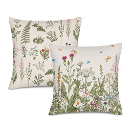 HIKENVIU Vintage Floral Throw Pillow Covers Set of 2 Herbs and Wild Flowers Pillow Cases Spring Summer Decor Farmhouse Decorative Cushion Covers for Sofa Bed Couch Chair 18x18 Inch
