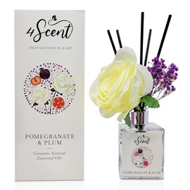 4SCENT Reed Diffuser Set 6.7 fl oz with Preserved Gypsophila (Baby's Breath) and Artificial Rose for Home Fragrance and Decor | Aromatherapy with Essential Oil and Rattan Sticks | Pomegranate & Plum
