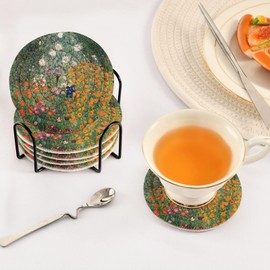 WIHVE Coasters Set of 6 with Holder Gustav Klimt Flower Garden Absorbent Drink Coasters 6 Pack