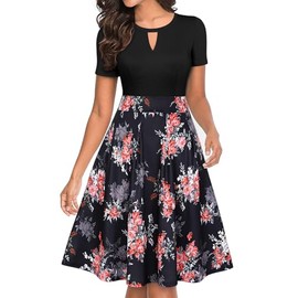 YATHON Women Dresses for Church Elegant Black Floral Print V-Notch Fall Pleated Pockets Wedding Guest Swing A-Line Office Work Dress for Women Casual (L, YT018-Black Floral 02)
