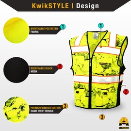 KwikSafety (Charlotte, NC UNCLE WILLY’S WALL Safety Vest (10 POCKETS) Class 2 ANSI OSHA High Visibility Reflective Camo Heavy Duty Mesh Zipper HiVis Construction Work HiViz Men | Yellow Black Large