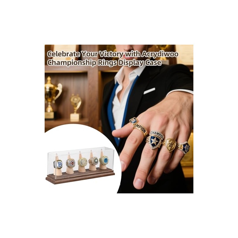 Championship Ring Display Case for 5 Rings – Walnut Wood