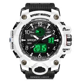 Gosasa Military Style Digital Analog Watch, Large Face 2.2", 50m Water Resistant, Dual Time Zone, Alarm, LED Backlight, Stopwatch, PU Strap (White Black)