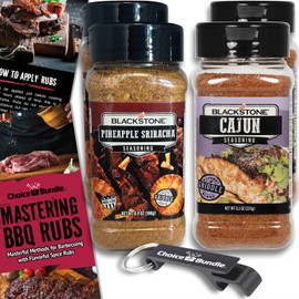Blackstone Pineapple Sriracha & Cajun Seasoning – Gourmet Griddle Premium BBQ Barbecue Rub 4 Pk Choice Bundle (30.4 oz) + BBQ Guide & Bottle Opener (6 Items)!