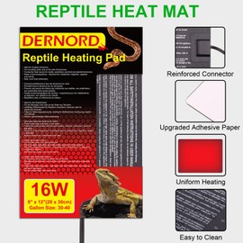 DERNORD Heat Mat with Thermostat - 16W Reptile Heat Pad with Thermostat Control Combo Set for Snake Bearded Dragon Lizard Crested Gecko Vivarium Heater