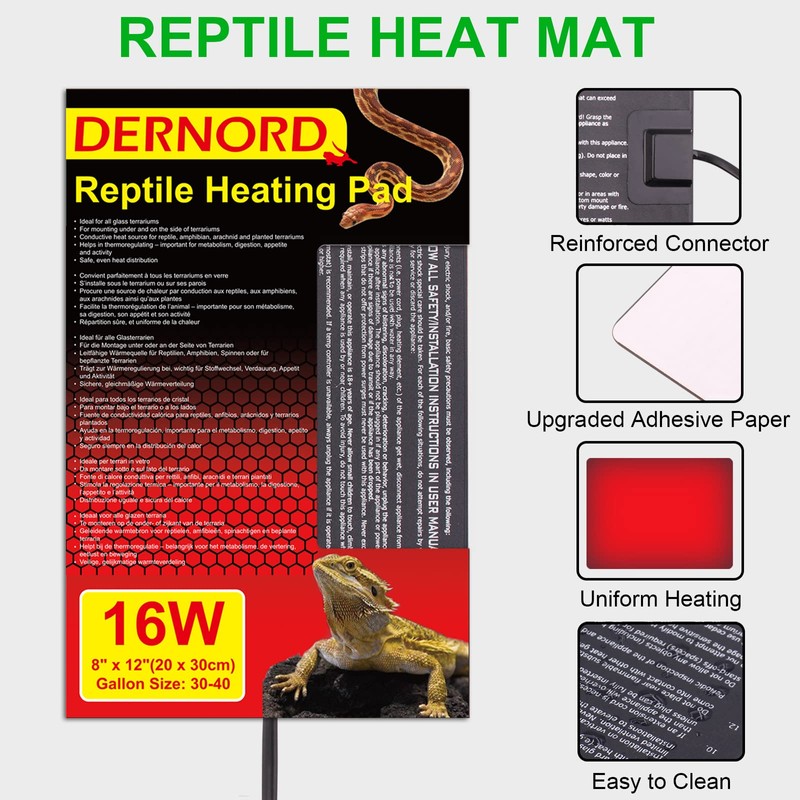 DERNORD Heat Mat with Thermostat - 16W Reptile Heat Pad