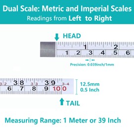 2Pcs Adhesive Tape Measure, Imperial & Metric Tape Measure Sticker Ruler Self Adhesive Measuring Tapes Left to Right Stick on Tape Measures for Workbench, Woodworking, Saw & Drafting100cm/39inch White