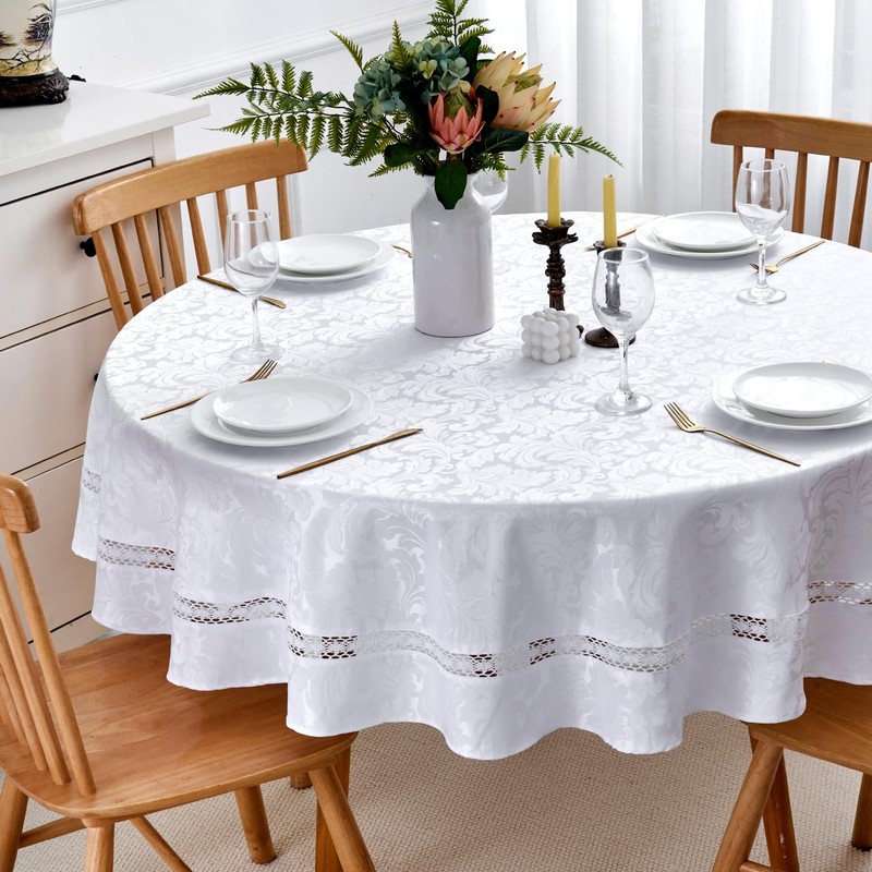 Heavy Duty Fabric Tablecloth with White Lace-Waterproof/Wrinkle Free/Stain Resistant/Oil Proof-for