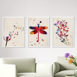 Nacnic Dandelion, Dragonfly, Butterflies Watercolour Poster Set of 3. Watercolour Style Wall Decoration of Colourful Paintings. Various Creative and Multicoloured Animal Pictures without Frame. Size
