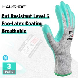 HAUSHOF 3 Pairs Latex Coated Working Gloves, Level 5 Cut Resistant Garden Gloves for Gardening, Restoration Work, Medium
