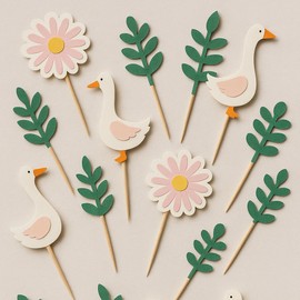 Silly Goose Cupcake Toppers – 12 Pack Multilayer Cardstock Decorations | Duck, Flower & Leaf Design Picks for Baby Shower, First Birthday, Spring Parties