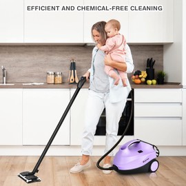 COSTWAY 2000W Multipurpose Steam Cleaner with 19 Accessories, Household Steamer w/ 1.5L Tank for Cleaning, Heavy Duty Rolling Cleaning Machine for Carpet, Floors, Windows and Cars (Purple)