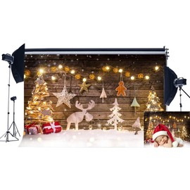 Haosphoto 5X3FT Christmas Backdrop Xmas Decoration Tree Reindeer Bokeh Lights Backdrops for Photography Wood Floor Happy New Year Vinyl Photo Background Kids Holiday Studio Props CA453
