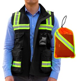 Chaleco de Seguridad Premium | Chaleco de Seguridad Industrial, Reflejante y Multifuncional con Cinta de Alta Visibilidad y Bolsa Transportadora. Varios Colores. (EXTRA GRANDE, NEGRO)