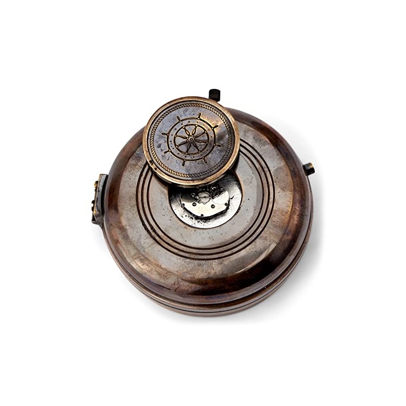 NKlaus Compass with Clock Antique Brass 8 cm Pocket Compass