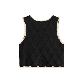 Verdusa Women's Old Money Bow Tie Crochet Sweater Vest Contrast Binding Knot Front V Neck Knit Top Black X-Small
