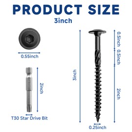 25pcs #14 x 3 Inch Deck Screws Kit,Heavy Duty Exterior Wood Screws, Black Oxide Timber Lag Screws with Modified Truss Washer Head, Structural Construction Screws with T30 Star Drive Bit