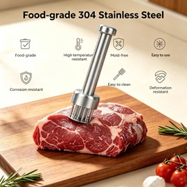 Stainless Steel Meat Tenderizer Tool with 21 Sharp Needles, Professional Meat Tenderiser for Steak Beef Chicken Pork, Automatic Rebound Meat Puncture Tool for BBQ Prep, with Cleaning Brush
